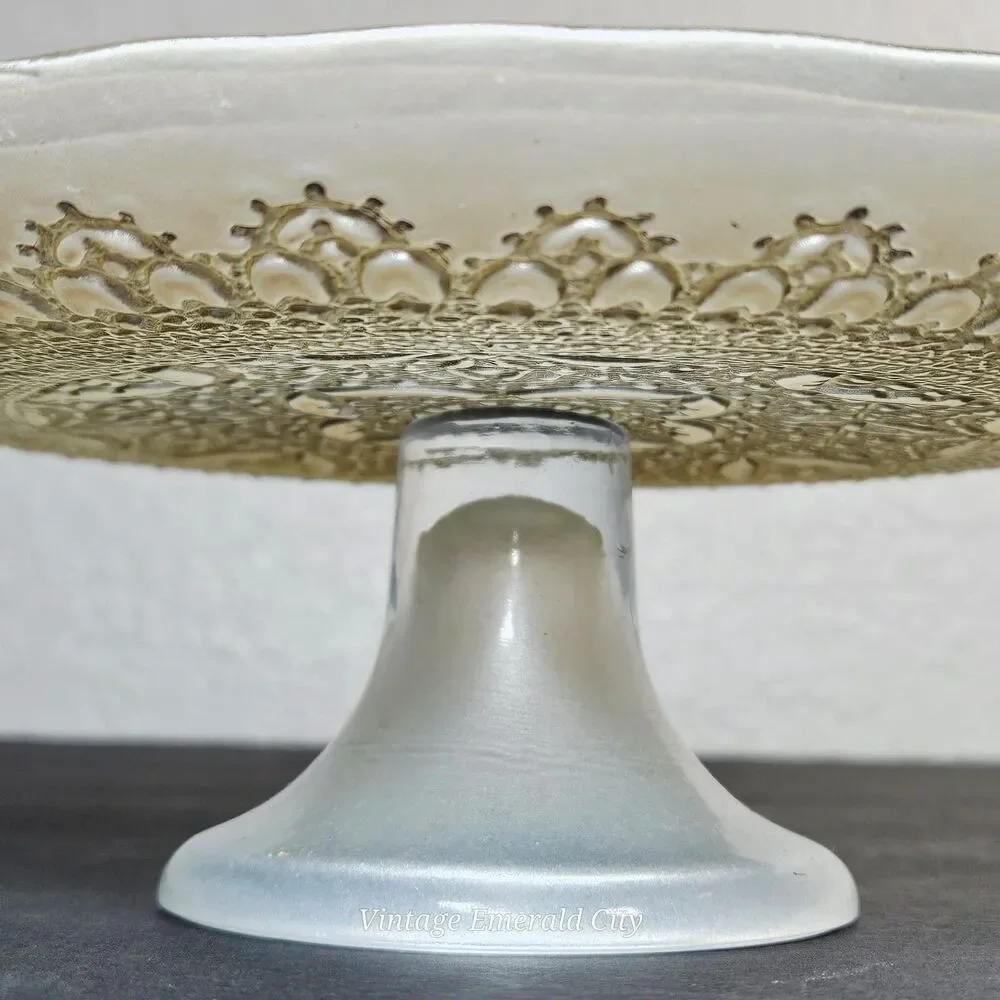 Vtg Turkish Glass White Cake Stand Pedestal Dessert Serving Platter Gold Lace